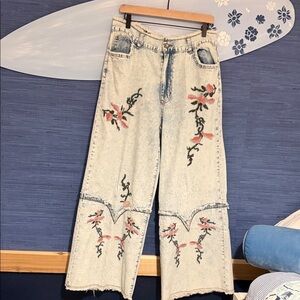 POL Light Blue Floral Embroidered Wide Leg Jeans